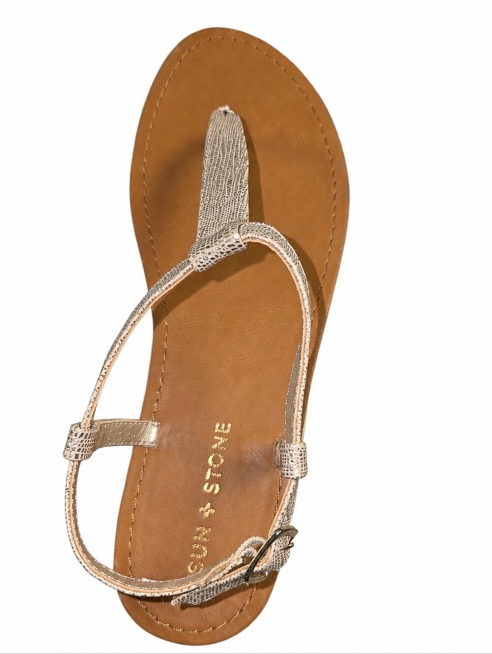 Sun + Stone Metallic Gold T-Strap Leather Sandal Size 8.5